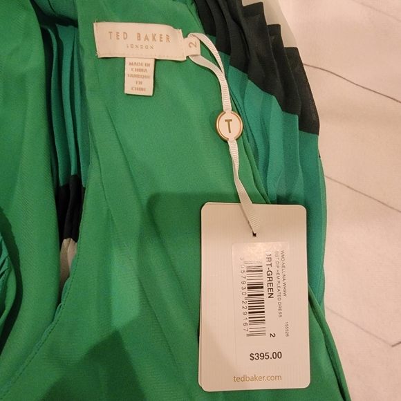 TED BAKER Nellina Pleated Midi Dip Asymmetrical Hem Green Color Block Dress $395 - Picture 15 of 17